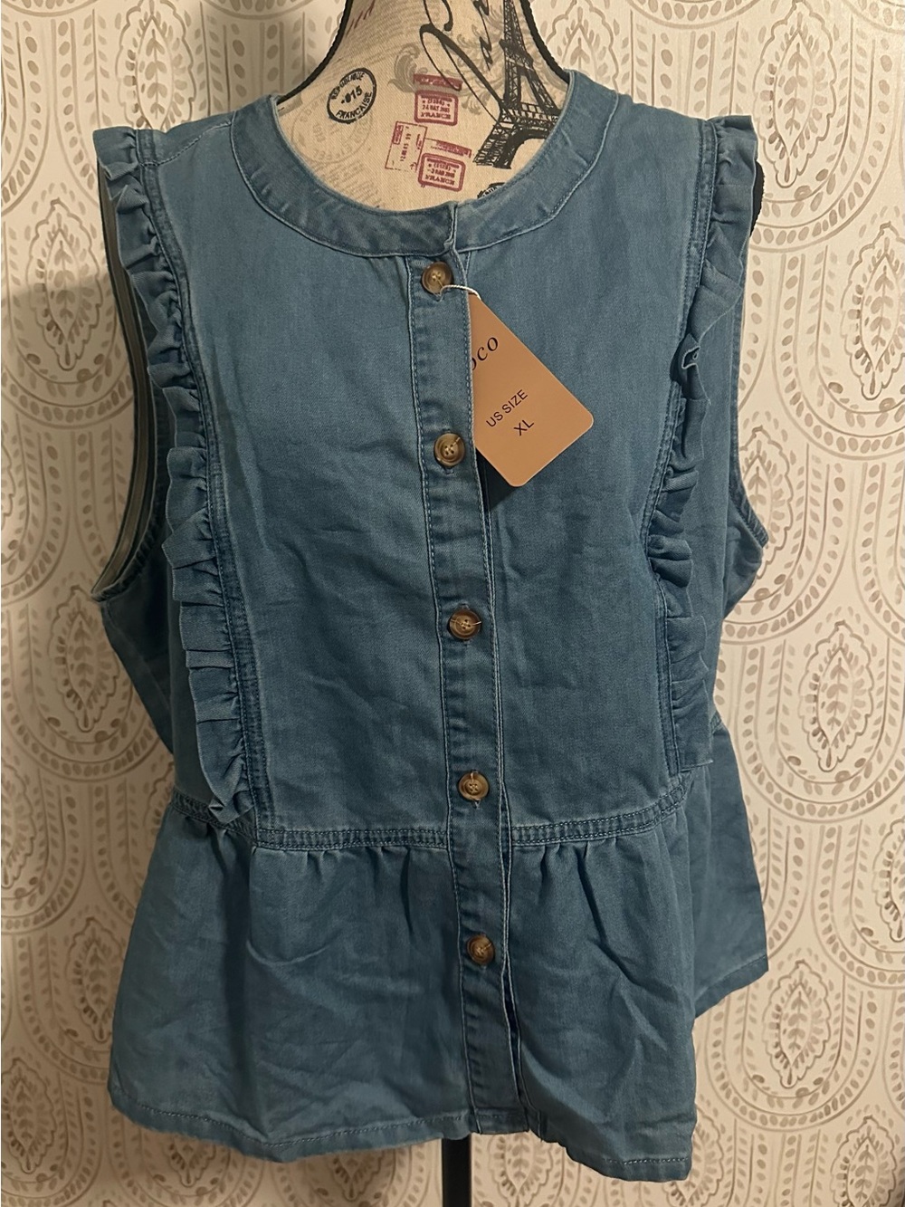 Sleeveless Ruffle Button-Front Denim Top - Blue- available in Large and Xl